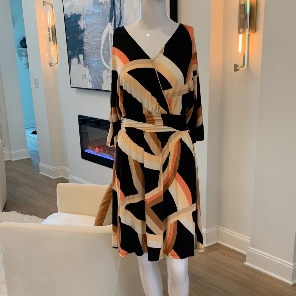 Colleen Lopez Black Geometric Wrap Dress with Cream and Coral Accents
